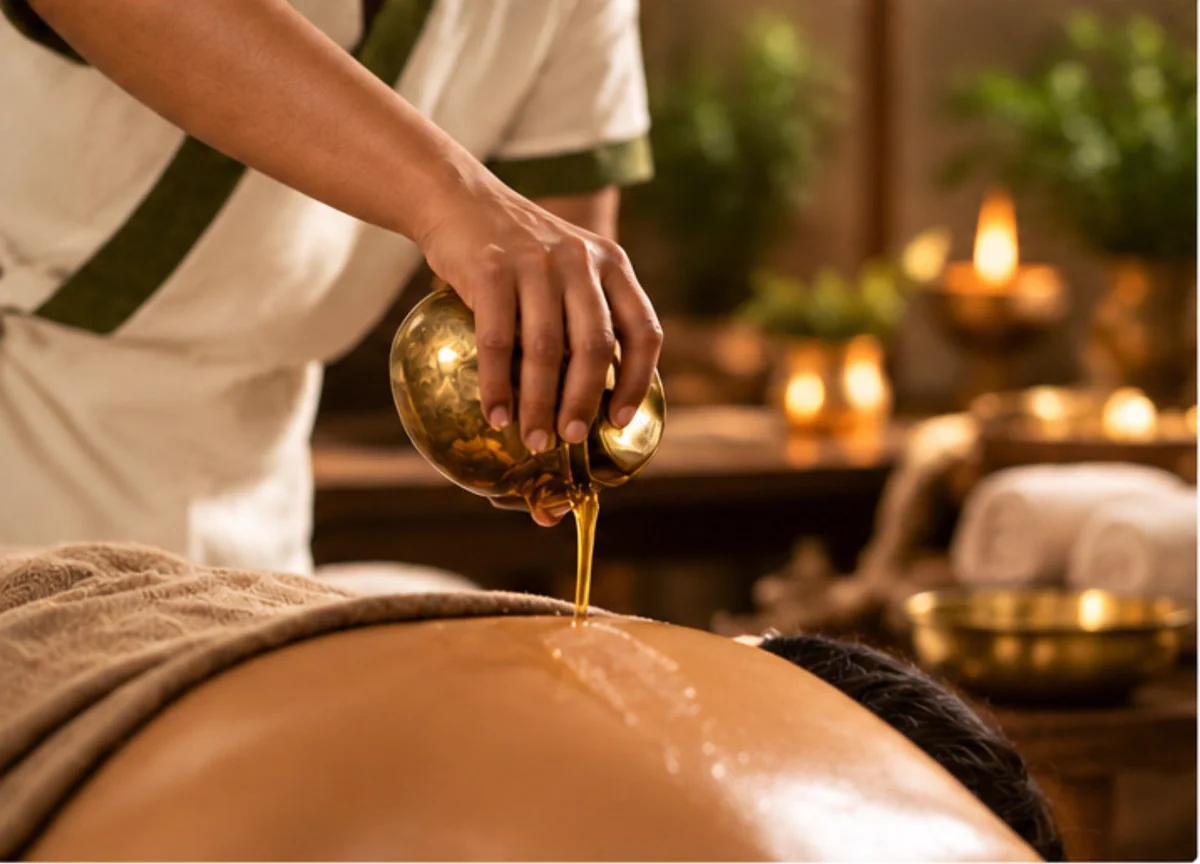 A therapist pouring warm herbal oil during an Ayurveda therapy