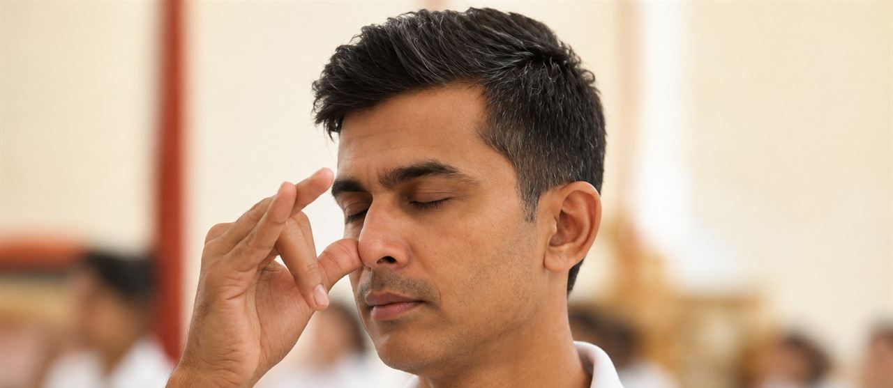 A man practising Nadi Shodhana, alternate nostril breathing, with eyes closed