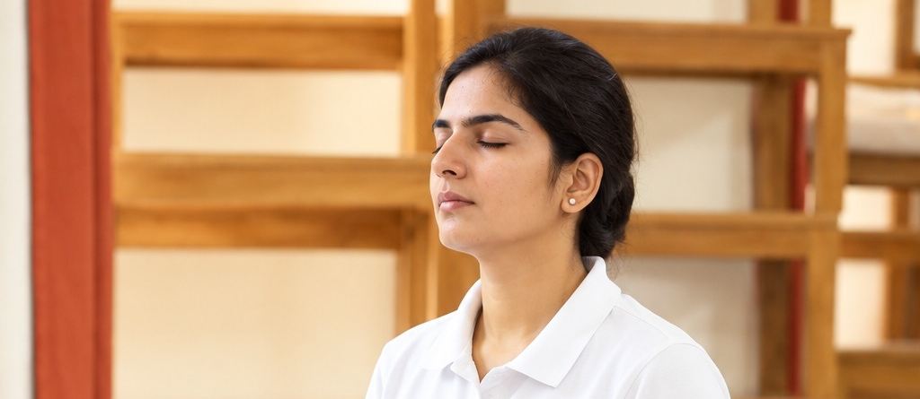 A woman seated in meditation with her eyes closed