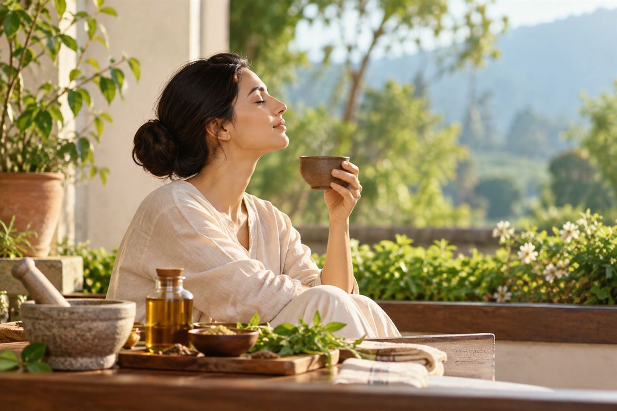 A woman in linen enjoying a cup of herbal tea on a sunlit terrace, with a mortar, herbal oil and fresh herbs on the table