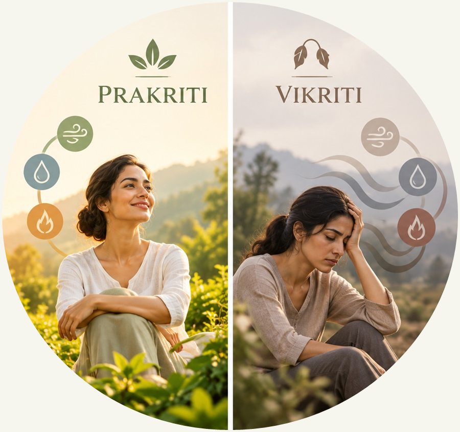 Prakriti and Vikriti as two halves of one circle: on the left a woman sits calm and smiling in sunlit greenery; on the right the same woman holds her head, tired, in a hazy landscape